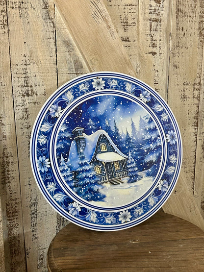 12 Inch Winter Cabin Scene Metal Sign