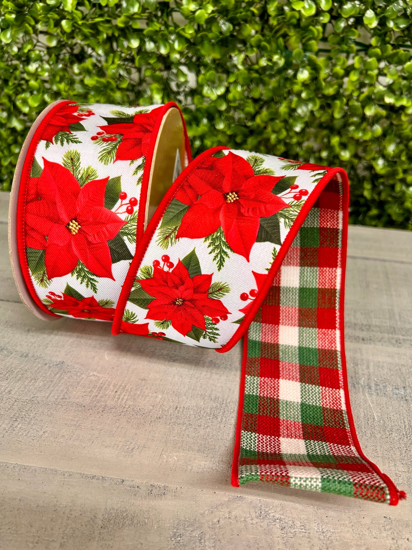 2.5 Inch By 10 Yard Poinsettia With Red And Green Check Backing Ribbon