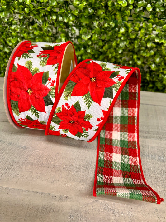 2.5 Inch By 10 Yard Poinsettia With Red And Green Check Backing Ribbon