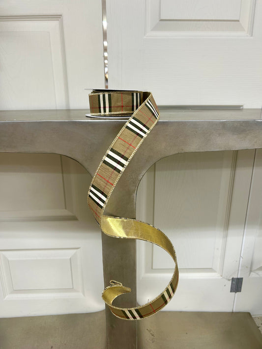 1.5 Inch By 10 Yard Burberry Check With Gold Lame Ribbon