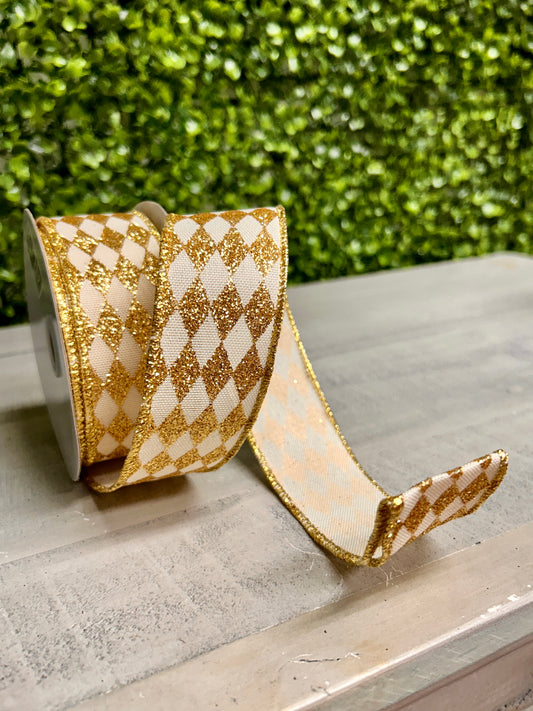 1.5 Inch By 10 Yard Cream And Gold Glitter Harlequin Ribbon