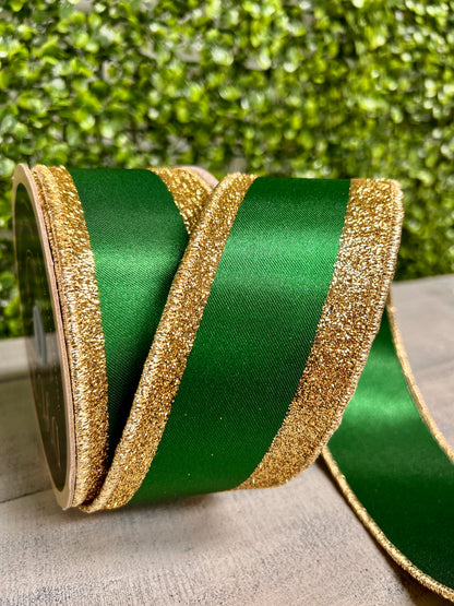 2.5 Inch By 10 Yard Emerald And Gold Vertical Glitter Stripe Sewn Ribbon