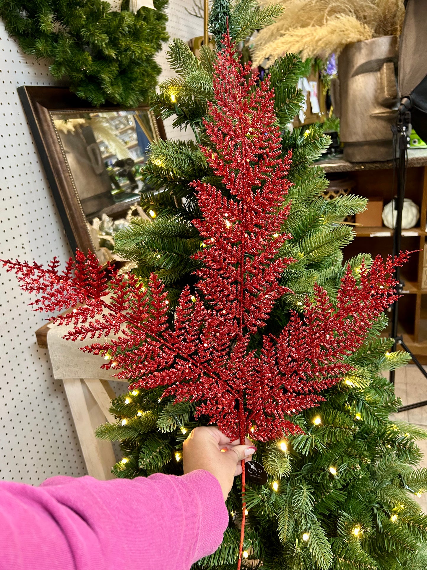 32 Inch Red Shimmery Glitter Fern Spray