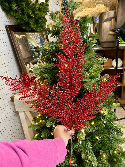32 Inch Red Shimmery Glitter Fern Spray