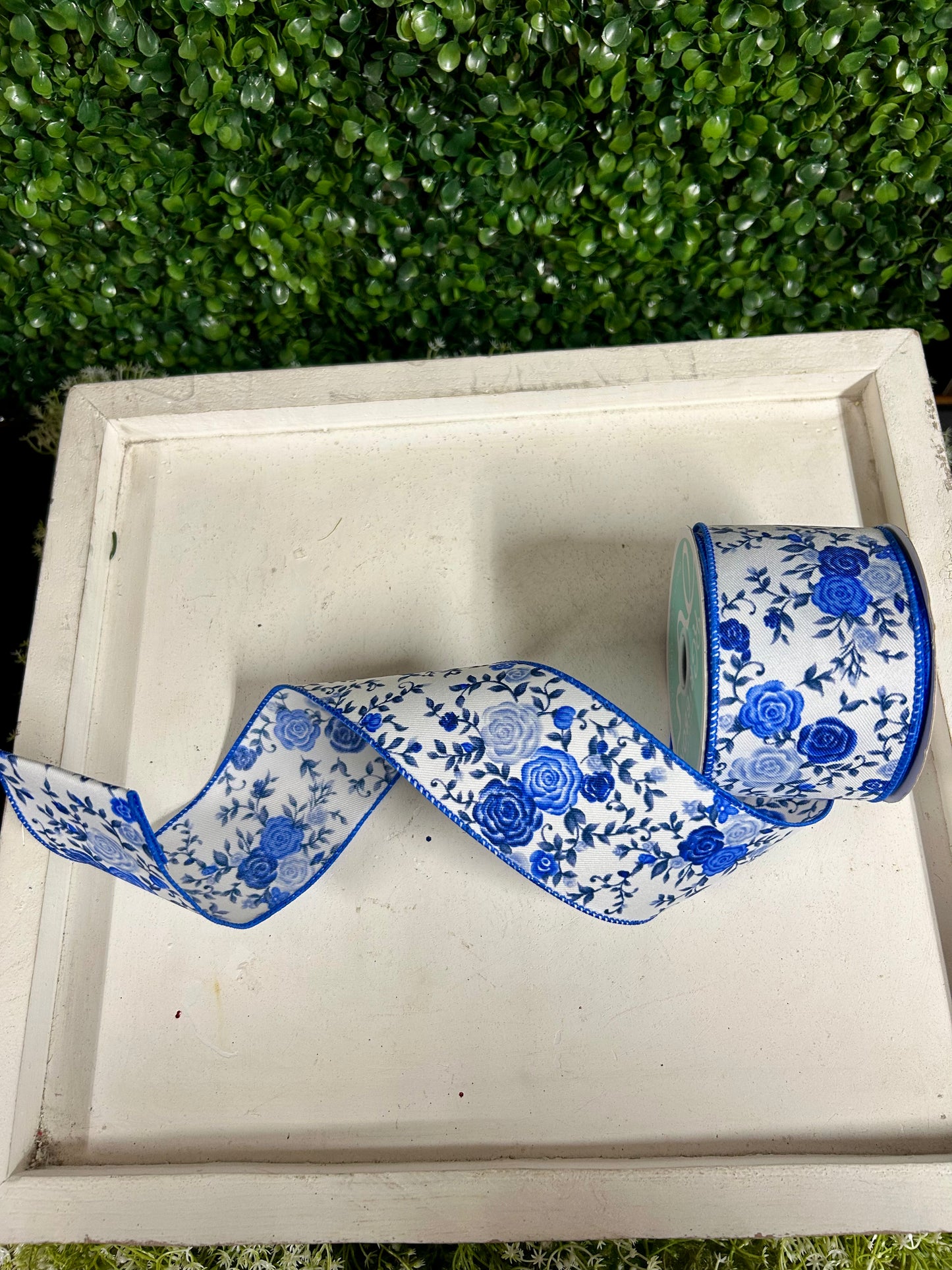 2.5 Inch By 10 Yard Blue Mini Roses Ribbon