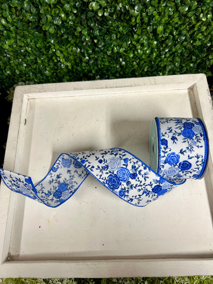 2.5 Inch By 10 Yard Blue Mini Roses Ribbon