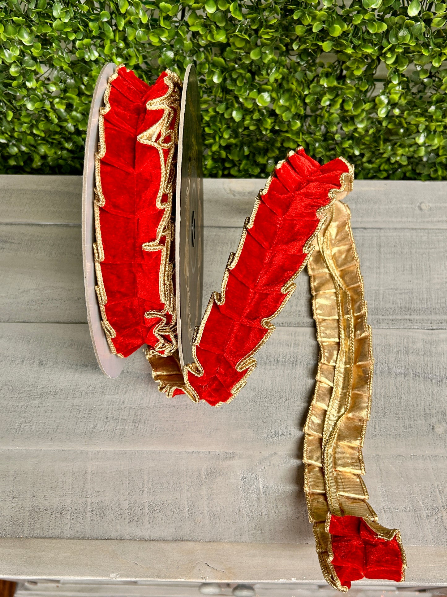 John Mark 1.5 Inch By 10 Yard Red Velvet Pleated Metallic Dupioni Ribbon