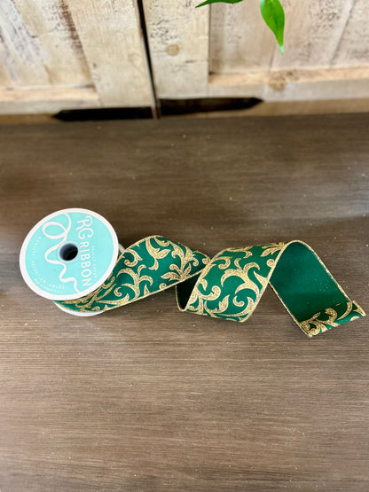 2.5 Inch By 10 Yard Hunter Green And Gold Acanthus Leaf Ribbon