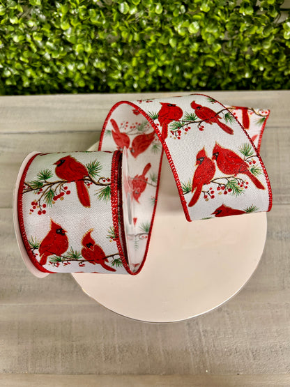 2.5 Inch By 10 Yard Cardinals On Branch On White Royal Ribbon