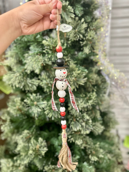 21 Inch Wood Bead Snowman With Plaid Ornament