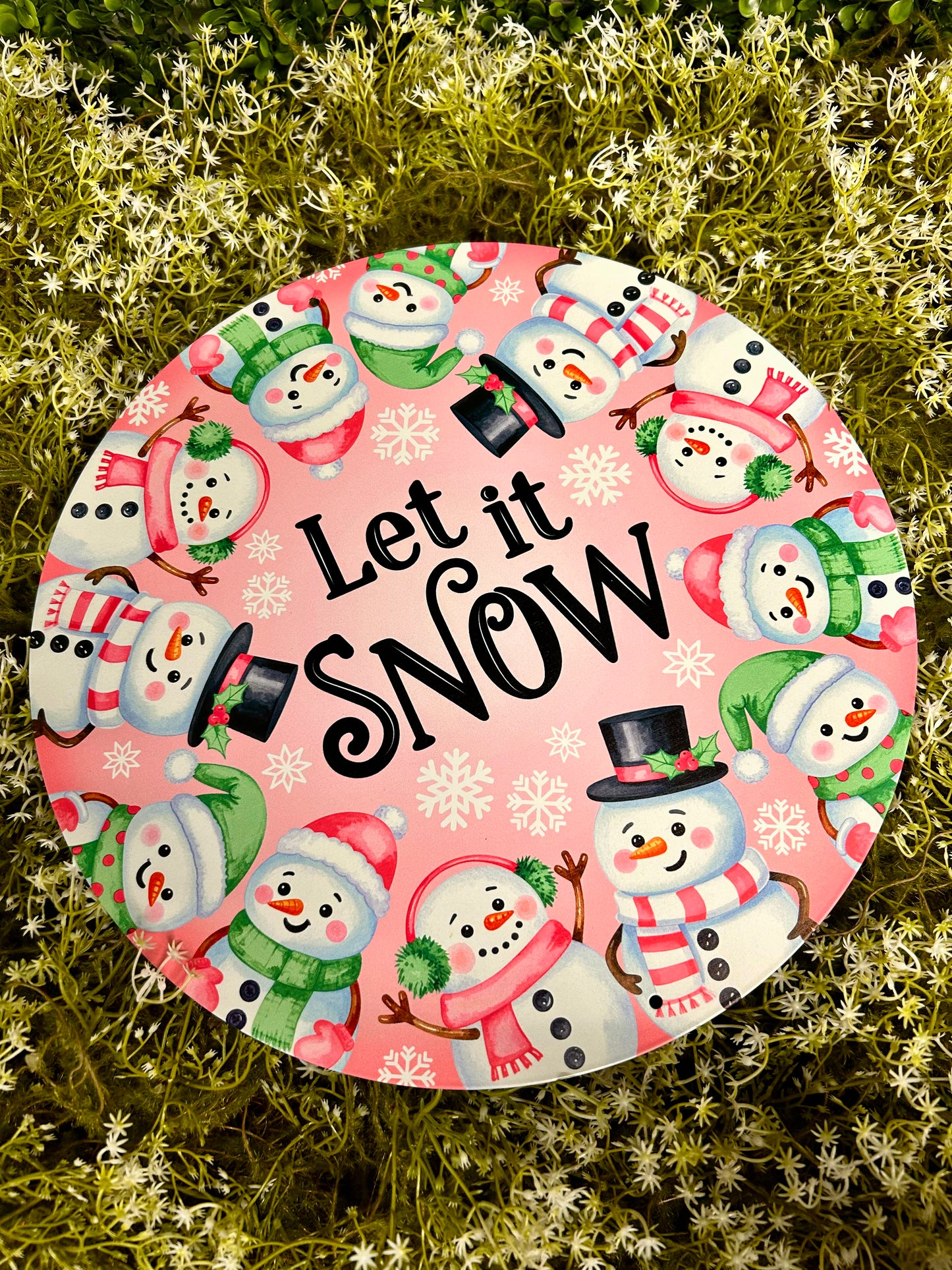 12 Inch Pink White And Mint Let It Snow With Snowmen Metal Sign