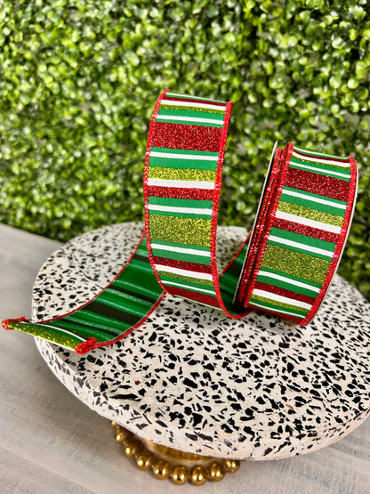 1.5 Inch By 10 Yard Emerald Red And Lime Horizontal Stripe Ribbon