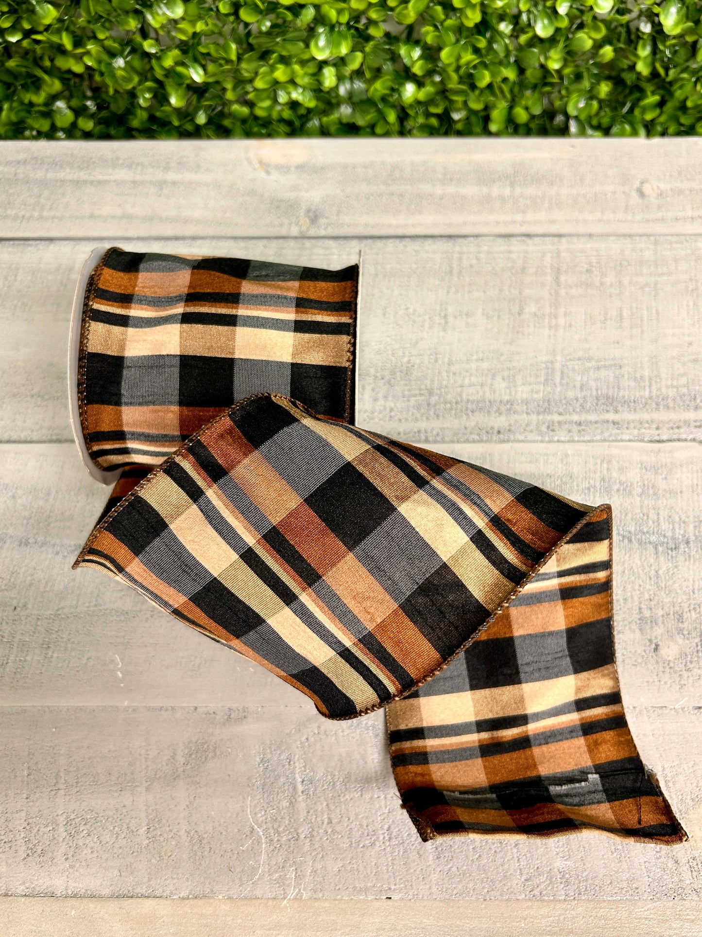 4 Inch By 10 Yard Brown Tan Black Dupioni Plaid Ribbon