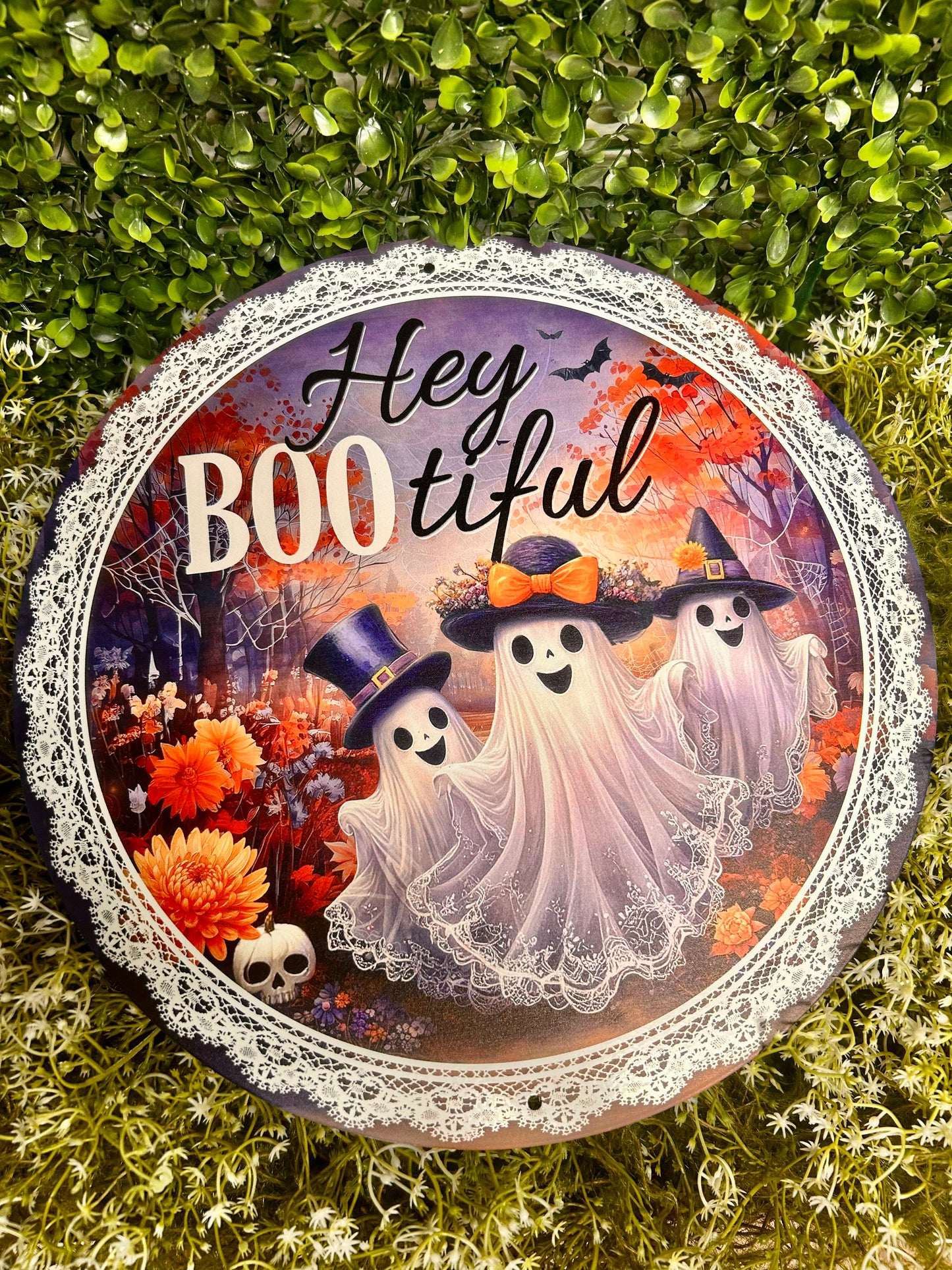 12 Inch Hey Boo-tiful With Ghosts Metal Sign