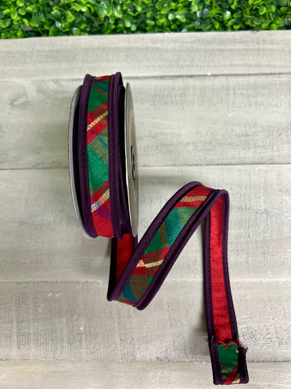 John Mark 1 Inch By 10 Yard Metallic Dupioni Plaid Gold Accent With Purple Edge Ribbon