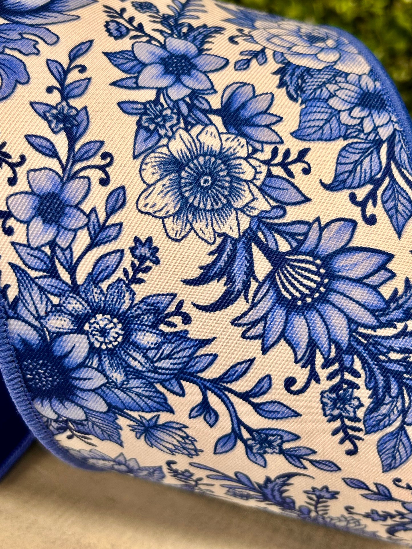 4 Inch By 10 Yard Blue And White Chinoiserie Floral Fused Ribbon