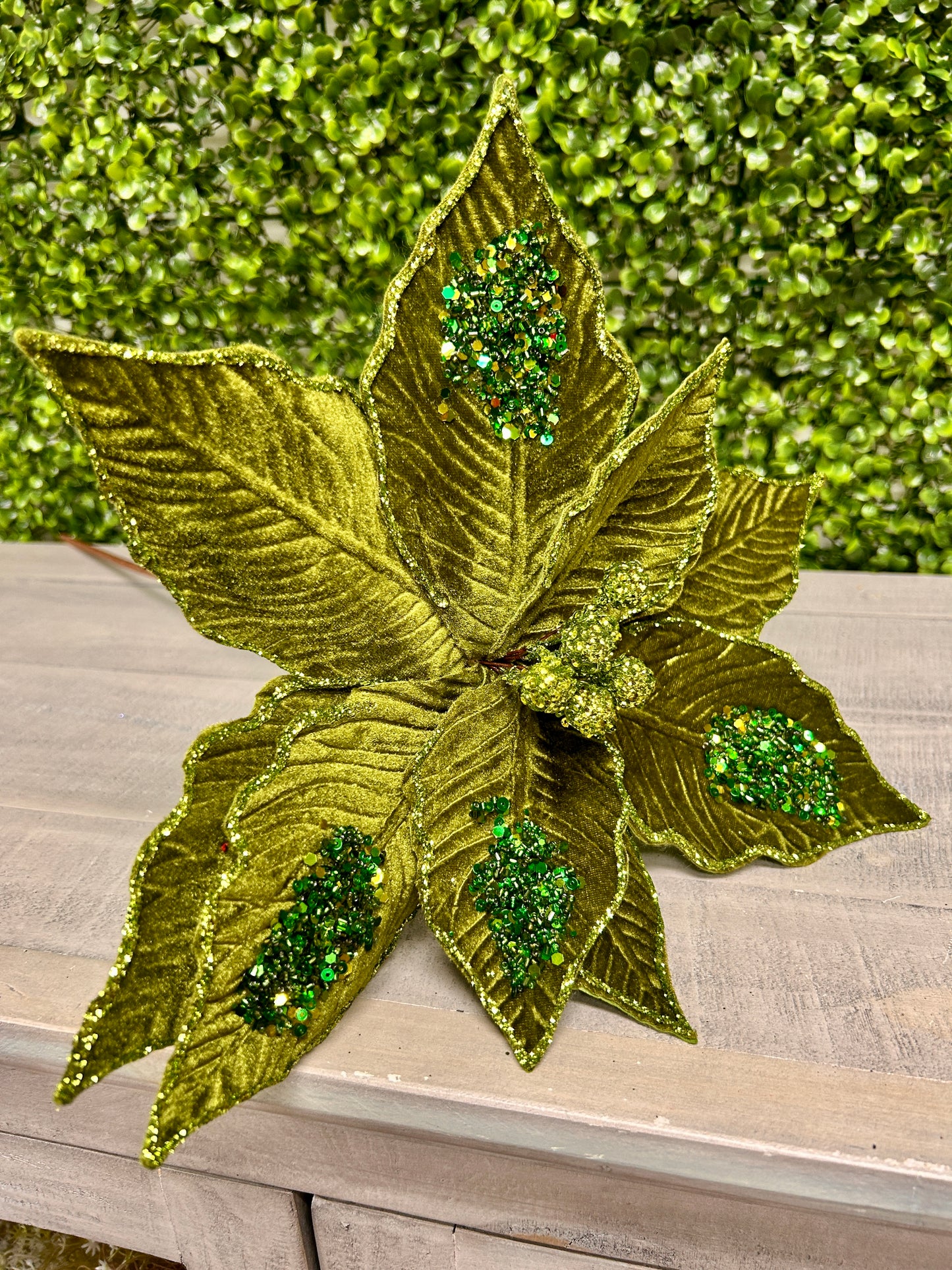 22 Inch Olive Velvet Sequined Poinsettia Stem
