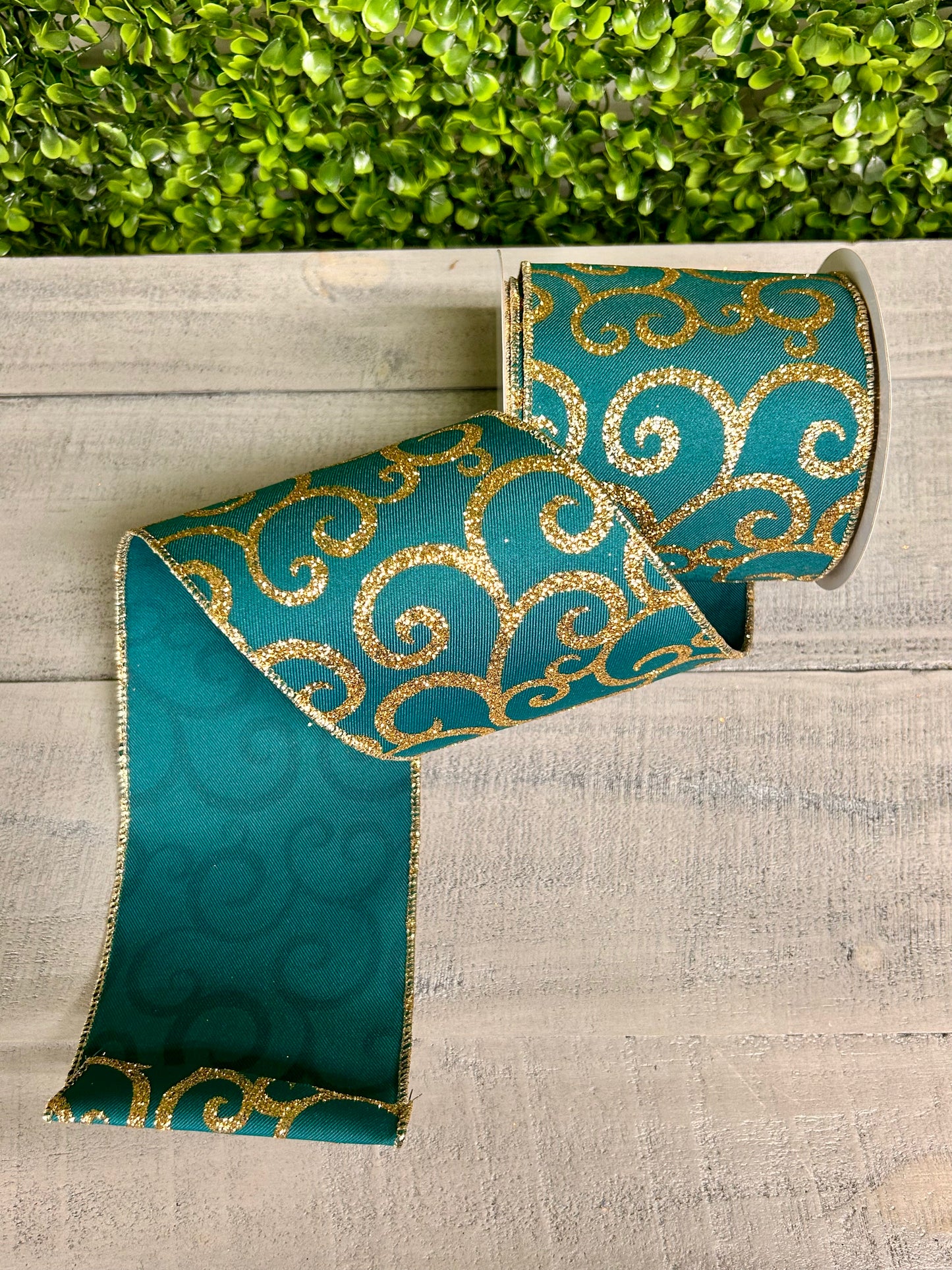 4 Inch By 10 Yard Dark Teal And Gold Glitter Swirl Ribbon