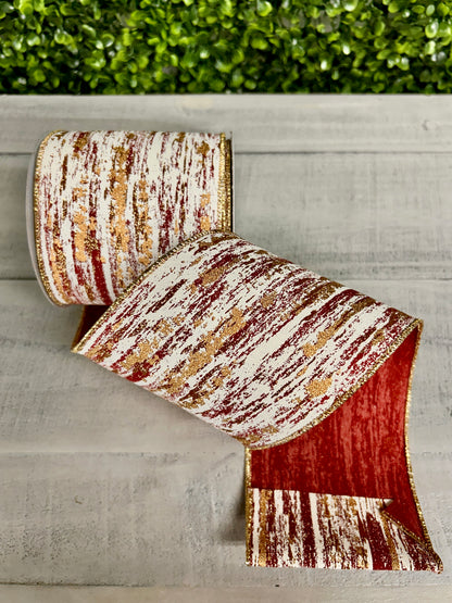 4 Inch By 10 Yard Cranberry Cream And Gold Glitter Metallic Streaks Ribbon