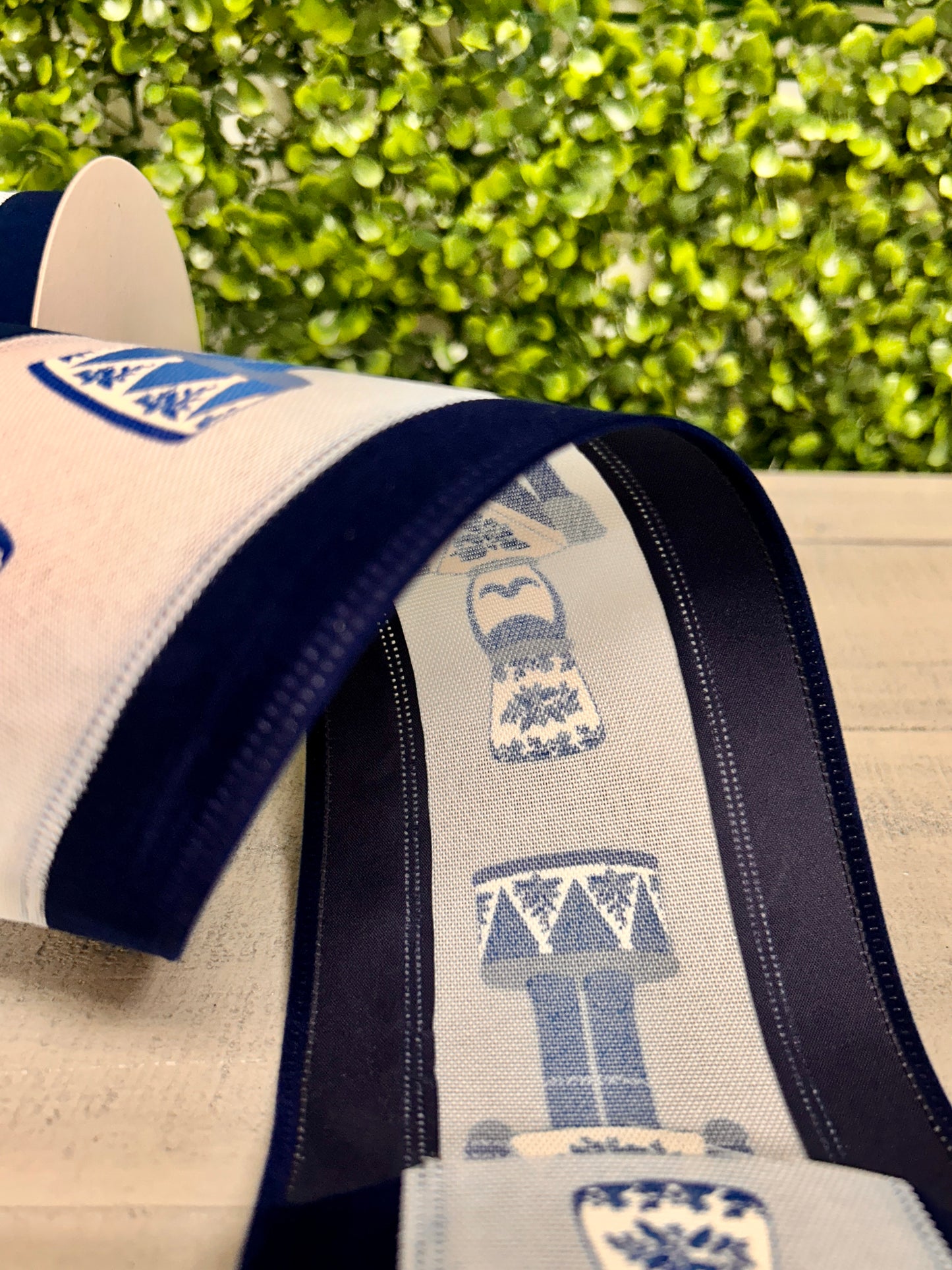 4 Inch By 10 Yard Navy Chinoiserie Nutcracker With Navy Velvet Edge Ribbon