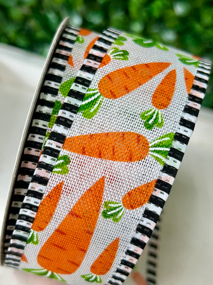 1.5 Inch By 10 Yard White Linen With Carrots And Black And White Check Edging Ribbon