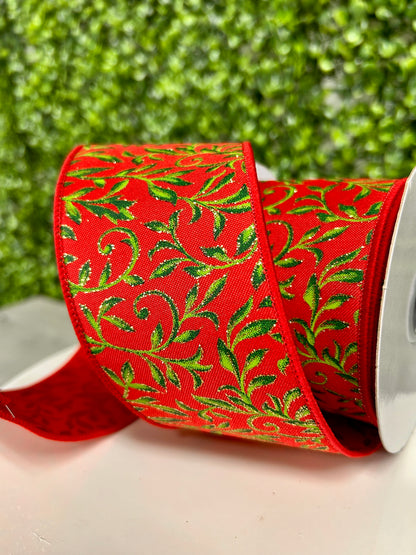 2.5 Inch By 10 Yard Red Green And Gold Tonal Leaves Ribbon