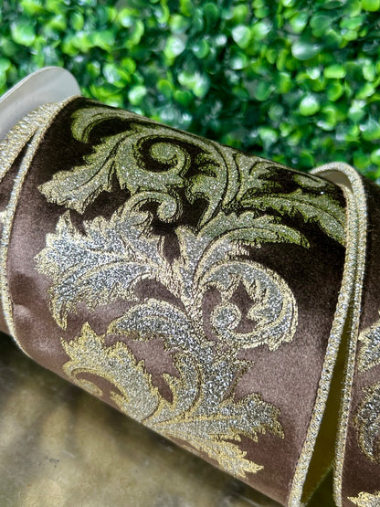4 Inch By 5 Yard Brown And Champagne Shimmer Velvet Filagree Scroll Leaf Wired Ribbon