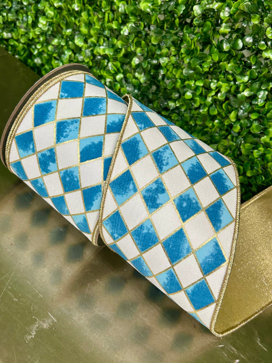 4 Inch By 10 Yards Cobalt Blue And White Harlequin Diamond Gilded Wired Ribbon