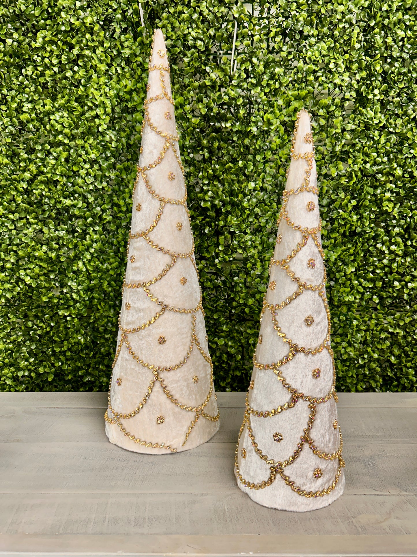 Set Of Two 18 And 24 Inch Ivory Jeweled Scalloped Velvet Cone Tree