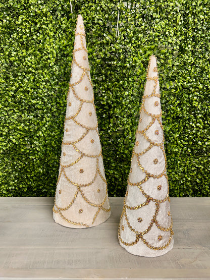 Set Of Two 18 And 24 Inch Ivory Jeweled Scalloped Velvet Cone Tree