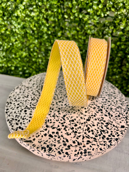 7/8 Inch By 10 Yard Yellow And White Mini Harlequin Glitter Ribbon