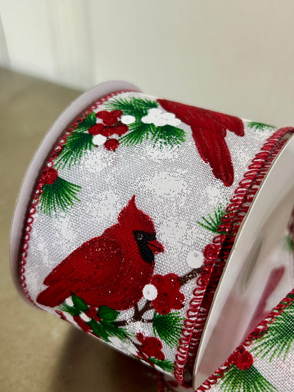 2.5 Inch By 10 Yard Big Sitting Cardinal White Linen Background Ribbon