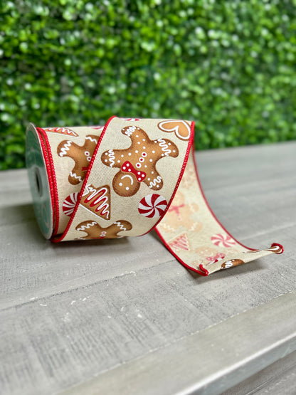 2.5 Inch By 10 Yard Cream Red And Brown Gingerbread Ribbon