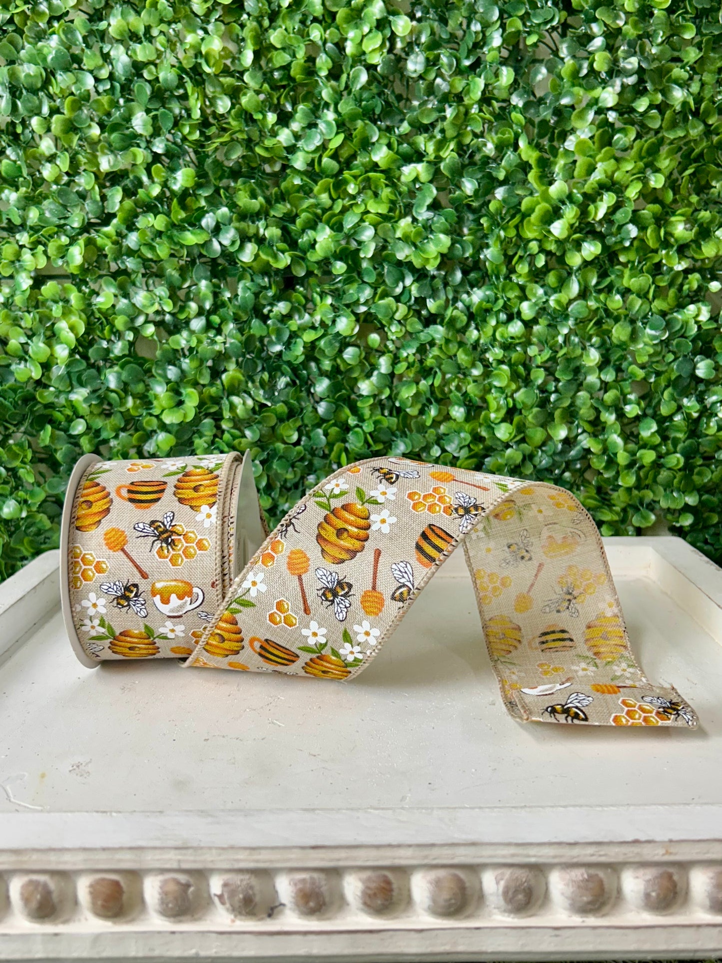 2.5 Inch By 10 Yard Working Bees With Flowers On Natural Background Ribbon