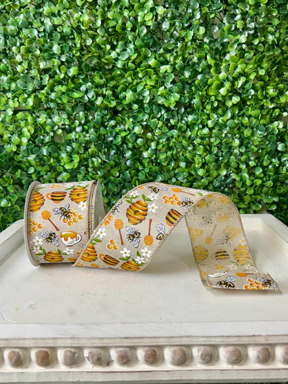 2.5 Inch By 10 Yard Working Bees With Flowers On Natural Background Ribbon