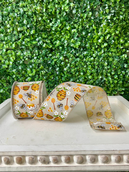 2.5 Inch By 10 Yard Working Bees With Flowers On Natural Background Ribbon