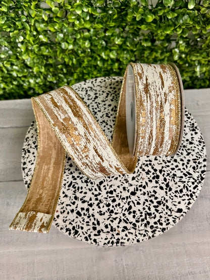 1.5 Inch By 10 Yard Beige Cream And Gold Glitter Metallic Streaks Ribbon
