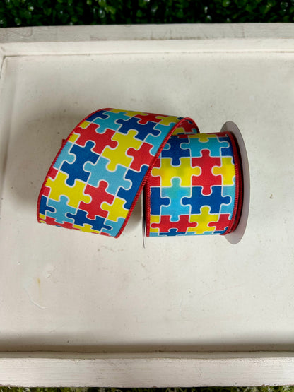 2.5 Inch By 10 Yard Multicolor Puzzle Piece Ribbon