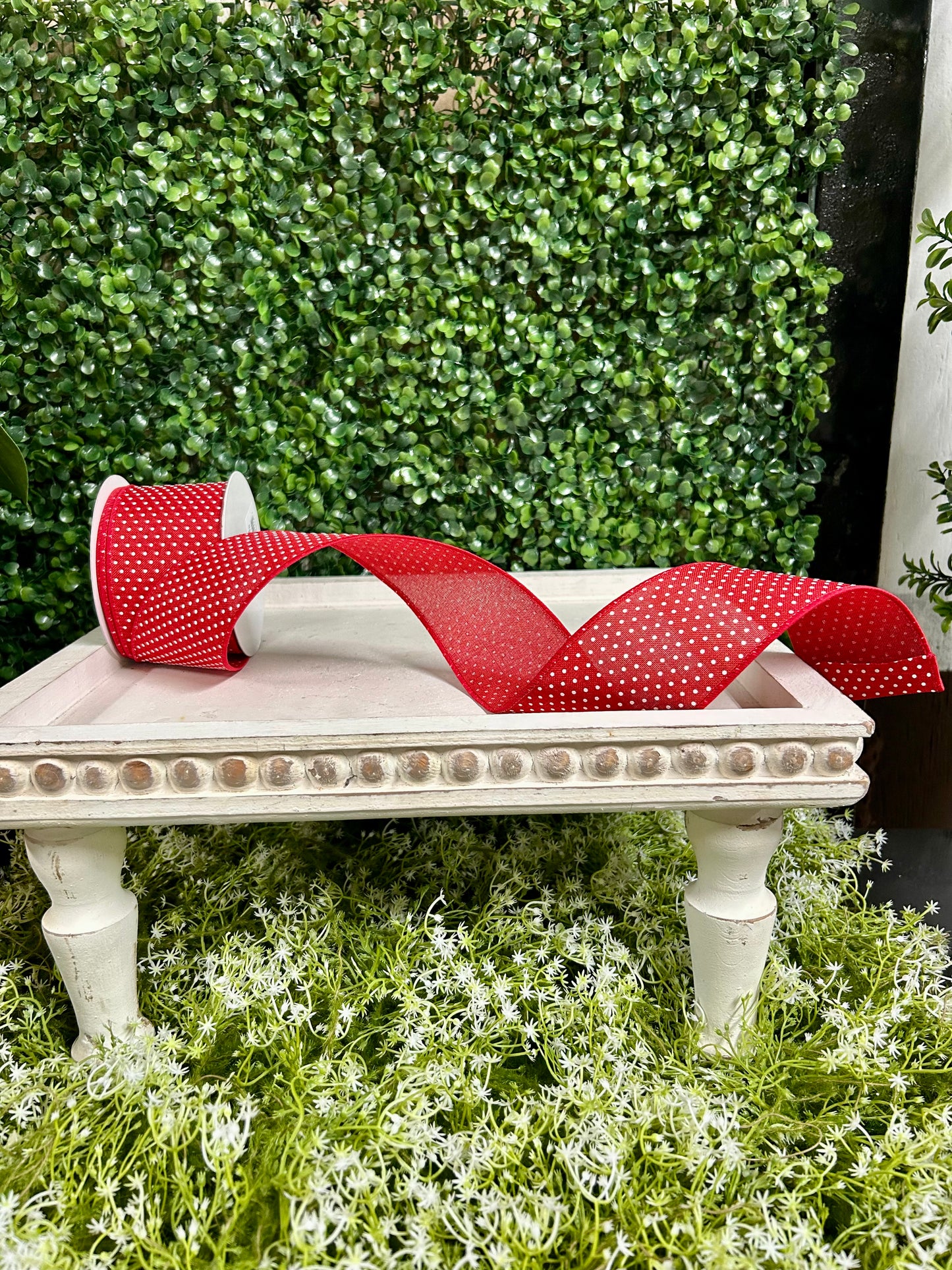 2.5 Inch By 10 Yard Red And White Raised Swiss Dots On Royal Ribbon