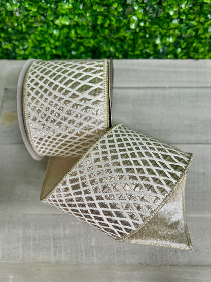 John Mark 4 Inch By 10 Yard Ivory And Platinum Net Pattern Double Fused Backing Ribbon