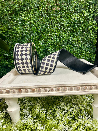 2.5 Inch By 10 Yard Black And Cream Antique Diamond Fused Ribbon