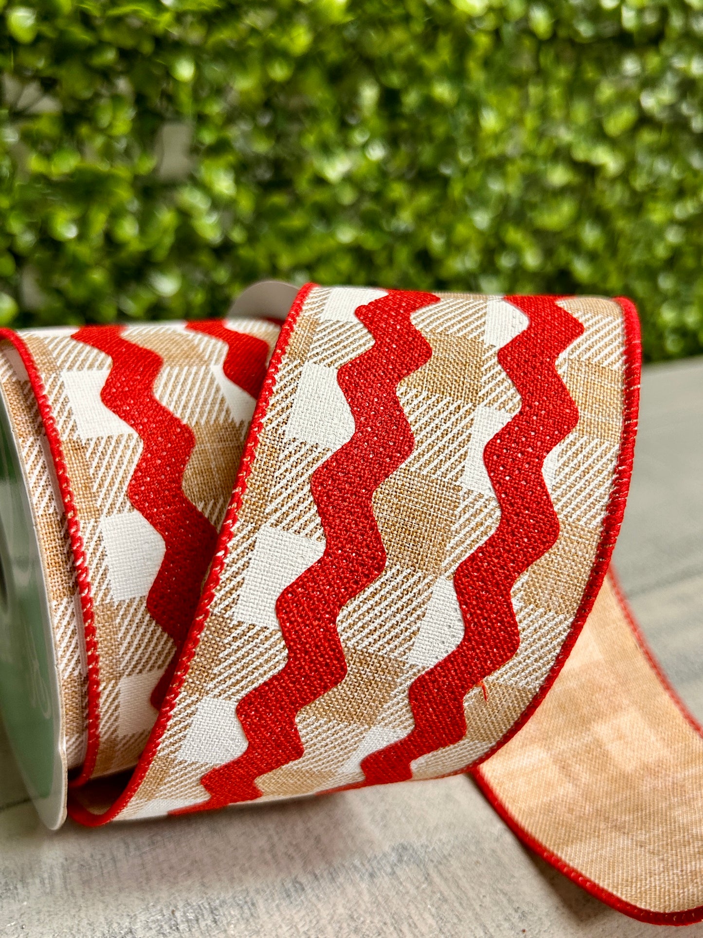 2.5 Inch By 10 Yard Red Tan And White Fancy Ric Rac On Check Ribbon