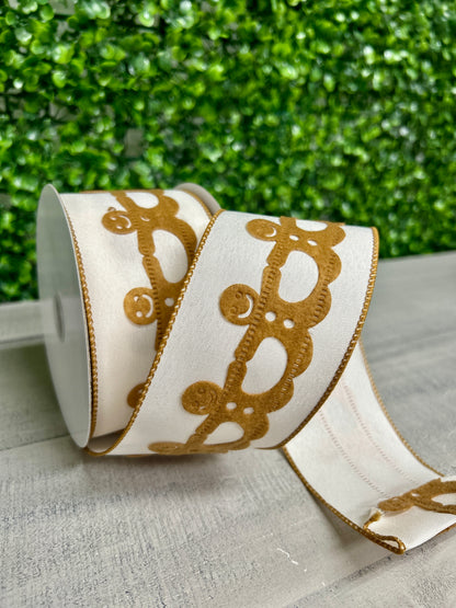 2.5 Inch By 10 Yard Ivory Linen With Gingerbread Cutouts Ribbon