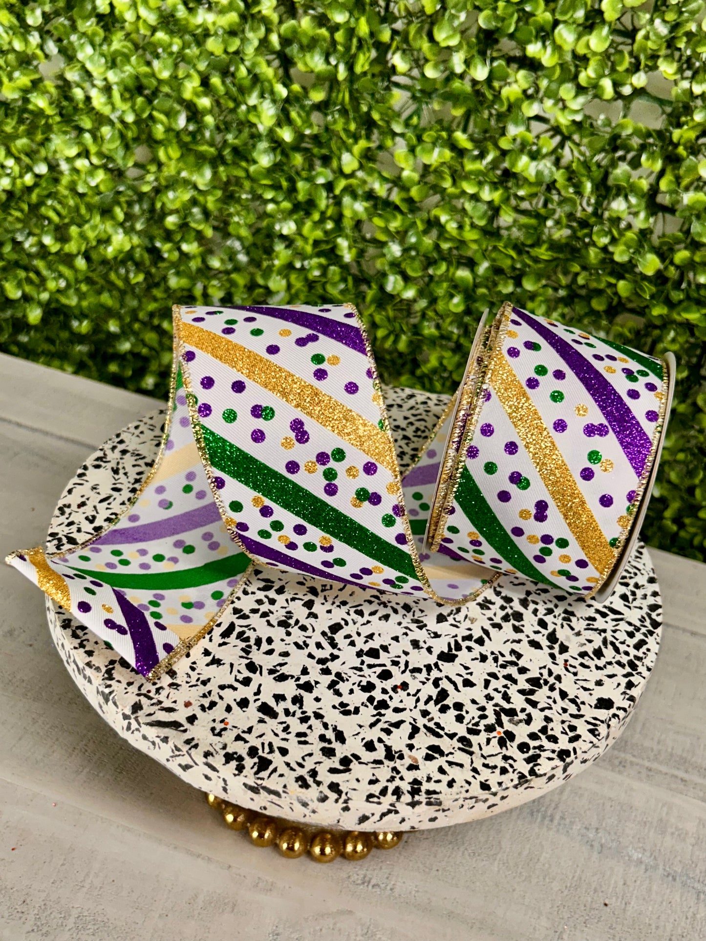 2.5 Inch By 10 Yard Mardi Gras Glitter Stripe With Confetti Dots Ribbon
