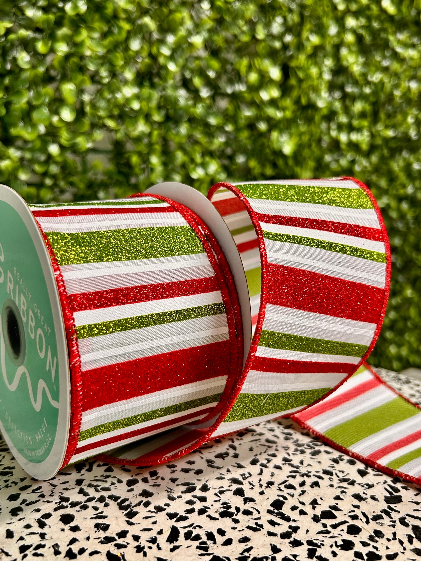 2.5 Inch By 10 Yard Red White And Lime Horizontal Stripe Ribbon