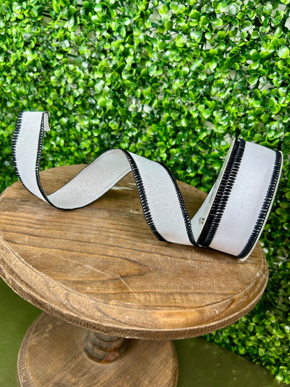 1.5 Inch By 10 Yard Black And White Faux Burlap With Stitch Edge Ribbon
