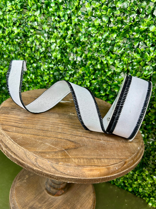 1.5 Inch By 10 Yard Black And White Faux Burlap With Stitch Edge Ribbon