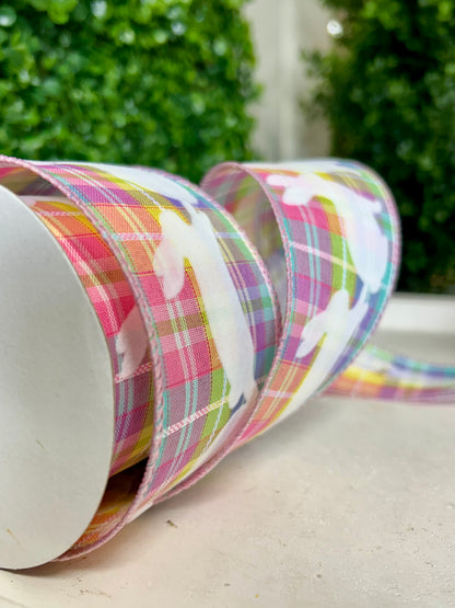2.5 Inch By 10 Yard Pastel Kennedy Plaid With Flocked White Bunnies Ribbon