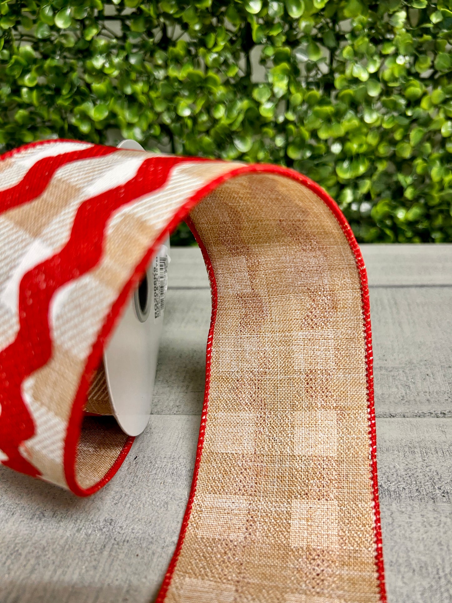 2.5 Inch By 10 Yard Red Tan And White Fancy Ric Rac On Check Ribbon