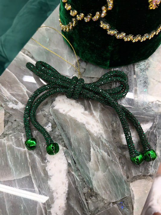 5.5 Inch Green Sparkle Bow With Bells Ornament